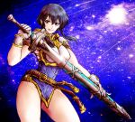  1girl absurdres armor belt black_hair breastplate commission commissioner_upload drawing_sword fire_emblem fire_emblem:_genealogy_of_the_holy_war fire_emblem_heroes glint gloves highres holding holding_sword holding_weapon larcei_(fire_emblem) night no_panties pauldrons pelvic_curtain purple_eyes sheath shooting_star shoulder_armor skirt smile smug solo sword tana_taka_3rder thighs tomboy tunic unsheathing weapon white_armor 