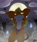  abs absurd_res anthro biceps big_muscles blue_flames bulge cemetery clothed clothing digital_media_(artwork) felid flexing full_moon fur glowing glowing_eyes halloween hi_res holidays looking_at_viewer male mammal moon muscular muscular_anthro muscular_male night outside pantherine pecs sky smile solo standing teeth tiger topless zephir 