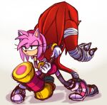  1boy 1girl amy_rose artist_request back-to-back furry furry_female furry_male green_eyes hammer hedgehog hedgehog_ears holding holding_hammer holding_weapon knuckles_the_echidna looking_at_viewer sega sonic_(series) sonic_boom_(game) weapon 