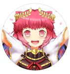  1girl ai_grandia arms_up capelet chest_guard commentary falling_petals konotegashiwa_kanenaga laurel_crown open_mouth petals pink_eyes pink_hair round_image short_hair sidelocks smile solo straight-on teeth tenka_hyakken thick_eyebrows upper_teeth_only 