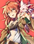  1girl akasaka_koutarou animal_on_arm bandeau bare_shoulders belt creature duel_monster hand_up highres hiita_(yu-gi-oh!) hiita_the_fire_charmer_ablaze long_sleeves navel open_clothes open_mouth open_robe open_shirt orange_eyes orange_hair red_background ribbed_sleeves robe shirt stomach white_shirt yu-gi-oh! 