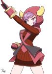  1girl absurdres arm_up courtney_(pokemon) cowboy_shot dress fake_horns gloves henshin_pose highres hood hood_up hooded_vest hoodie horned_hood horns ida_(idalol490) kamen_rider kamen_rider_1 long_sleeves looking_at_viewer pokemon pokemon_(game) pokemon_oras purple_eyes purple_hair red_dress red_sweater red_vest ribbed_dress ribbed_sweater short_hair signature smile solo sweater sweater_dress vest white_background 