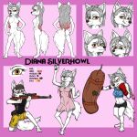  absurd_res anthro bad_guy_cafe brown_eyes canid canine canis diana_silverhowl_(readerno31142) female fur gun hair hi_res mammal model_sheet pink_hair ranged_weapon rifle silver_hair solo weapon white_body white_fur wolf ziegelzeig 