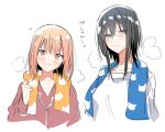  2girls alternate_hairstyle asanagi_yori black_hair blue_eyes blue_towel blush closed_mouth collarbone hair_between_eyes hand_up kino_himari long_sleeves looking_at_viewer multiple_girls orange_eyes orange_hair pajamas sasayaku_you_ni_koi_wo_utau shirt short_hair simple_background smile takeshima_eku towel upper_body white_background white_shirt 