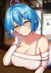  :t absurdres ahoge blue_hair blush breast_rest breasts cleavage closed_mouth daifuku_(yukihana_lamy) elbow_rest elf glasses hair_ornament hairclip heart heart_ahoge highres hololive large_breasts looking_at_viewer off-shoulder_sweater off_shoulder pointy_ears pout sabamiso_(tomomon021831) short_hair solo sweater upper_body virtual_youtuber white_sweater yellow_eyes yukihana_lamy 