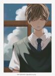  1boy absurdres blue_sky brown_hair closed_mouth cloud cognacbear collared_shirt crescent_moon day expressionless facing_viewer highres looking_to_the_side male_focus moon ocean original outline school_uniform shirt short_sleeves sky sweater_vest white_outline white_shirt window 