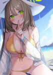  1girl absurdres beach bikini blue_archive blush breasts closed_mouth collarbone day finger_to_mouth green_eyes green_halo halo hat highres index_finger_raised jacket large_breasts light_brown_hair long_hair long_sleeves looking_at_viewer mizumok1 navel nonomi_(blue_archive) nonomi_(swimsuit)_(blue_archive) ocean official_alternate_costume outdoors see-through see-through_jacket solo swimsuit white_headwear yellow_bikini 