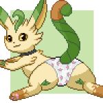  1:1 2023 border butt clothed clothed_feral clothing collar digital_media_(artwork) eeveelution fan_character female feral flower_panties fur generation_4_pokemon leafeon leg_markings looking_at_viewer lying mammal markings nintendo on_front panties panties_on_feral panties_only pawpads paws pixel_(artwork) pokemon pokemon_(species) raised_tail simple_background smile socks_(marking) solo sploot tail tan_body tan_fur topless underwear underwear_only white_border white_clothing white_panties white_underwear yellow_sclera zabozamojo 