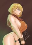  1girl ashley_graham bdsm blonde_hair bondage bound bound_wrists braavoart breasts green_eyes green_panties highres kidnapped nervous panties resident_evil resident_evil_4 resident_evil_4_(remake) rope short_hair sideboob sweater thong underwear 