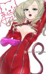  1girl arm_up blonde_hair blue_eyes bodysuit breasts cat_tail cleavage commentary_request fake_tail gloves highres large_breasts lips long_hair long_sleeves looking_at_viewer open_mouth patreon_username persona persona_5 pink_gloves pink_lips poechan_chan red_bodysuit solo swept_bangs tail takamaki_anne teeth twintails unzipping upper_teeth_only white_background zipper zipper_pull_tab 