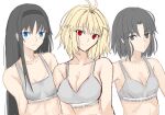  3girls ahoge arcueid_brunestud black_hair blonde_hair blue_eyes blush breasts closed_mouth grey_eyes hair_between_eyes iro_(sekaixiro) kara_no_kyoukai long_hair looking_at_viewer medium_breasts multiple_girls red_eyes ryougi_shiki short_hair small_breasts smile tohno_akiha tsukihime tsukihime_(remake) white_background 