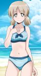  1girl aki_(girls_und_panzer) beach bikini blue_bikini blue_sky bright_pupils closed_mouth cloud cloudy_sky cowboy_shot day girls_und_panzer green_eyes hair_tie hands_on_own_chest highres horizon light_brown_hair looking_at_viewer low_twintails navel outdoors ponzu_rui short_hair short_twintails sky smile solo standing swimsuit twintails white_pupils 