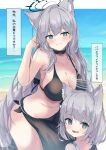  2girls animal_ear_fluff animal_ears bikini black_bikini black_choker black_sarong blue_archive blush breasts choker cleavage collarbone commentary female_child grey_hair karappo_(poket12) large_breasts looking_at_viewer mother_and_daughter multiple_girls outdoors sarong shiroko_(blue_archive) shiroko_(terror)_(blue_archive) swimsuit wolf_ears 