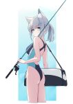  1girl absurdres animal_ear_fluff animal_ears ass bag black_one-piece_swimsuit blue_archive blue_eyes breasts commentary_request competition_swimsuit covered_navel cross_hair_ornament extra_ears fishing_rod from_behind grey_hair hair_ornament halo highleg highleg_swimsuit highres looking_at_viewer low_ponytail medium_breasts medium_hair mismatched_pupils multicolored_clothes multicolored_swimsuit official_alternate_costume one-piece_swimsuit projectorzero shiroko_(blue_archive) shiroko_(swimsuit)_(blue_archive) solo standing swimsuit wolf_ears 