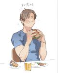  1boy blonde_hair blue_shirt blush brown_hair burger eating food food_on_face highres holding holding_food leon_s._kennedy muscular muscular_male non-web_source resident_evil shirt tatsumi_(psmhbpiuczn) 