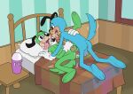  absurd_res anthro bed blue_body blue_fur canid canine canis domestic_dog duo flippy_doggenbottom fur furniture green_body green_fur hi_res male male/male mammal sonicinmind tail tongue tongue_out toontown_corporate_clash toontown_online toony 