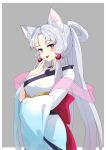  1girl animal_ear_fluff animal_ears arm_under_breasts breasts fox_ears grey_hair hair_ornament highres japanese_clothes kimono large_breasts long_hair long_sleeves looking_at_viewer parted_bangs ponytail purple_eyes sidelocks solo touhoku_itako very_long_hair voiceroid white_kimono wide_sleeves zooanime 