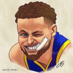  1boy basket basketball_jersey brown_hair drawing jersey looking_at_viewer national_basketball_association non-web_source short_hair simple_background smile solo stephen_curry white_background 