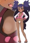  1girl bare_legs big_hair blush breasts collarbone dark-skinned_female dark_skin flip-flops full_body fundoshi hair_tie hand_on_own_hip highres iris_(pokemon) japanese_clothes kohatsuka long_hair long_sleeves low-tied_long_hair multiple_views navel nipples nose_blush open_clothes open_mouth open_shirt pokemon pokemon_(game) pokemon_bw purple_hair red_eyes sandals shirt small_breasts smile standing teeth toes two_side_up upper_teeth_only very_long_hair white_shirt zoom_layer 