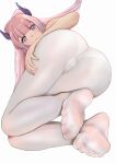  1girl ass blunt_bangs blush cameltoe feet fine_fabric_emphasis full_body genshin_impact hair_ornament hand_on_own_thigh kukoi legs long_hair looking_at_viewer lying no_shoes on_side paid_reward_available pantyhose pink_hair purple_eyes sangonomiya_kokomi simple_background soles solo thighs toes white_background white_pantyhose 