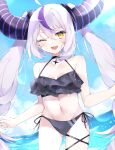  1girl absurdres ahoge animal_ears ascot bare_shoulders bikini black_bikini black_horns blue_sky braid braided_bangs breasts cloud fangs frilled_bikini frills grey_hair highres hololive horns la+_darknesss looking_at_viewer multicolored_hair navel one_eye_closed open_mouth pointy_ears purple_hair shigureszku side-tie_bikini_bottom sky small_breasts smile solo swimsuit thigh_strap twintails virtual_youtuber water yellow_eyes 