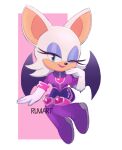  2022 absurd_res anthro bat boots breasts clothing eyeshadow female footwear fur gloves handwear hi_res lipstick looking_at_viewer makeup mammal one_eye_closed rouge_the_bat ruviart sega signature simple_background smile solo sonic_the_hedgehog_(series) white_body white_fur wings wink 