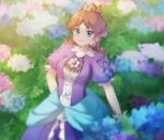  1girl absurdres alternate_color blue_eyes blue_flower bow brown_hair crown dress earrings eyelashes flipped_hair flower flower_earrings gloves hand_on_own_hip highres hydrangea jewelry long_hair mario_(series) misowhite pink_flower player_2 princess_daisy puffy_short_sleeves puffy_sleeves purple_bow purple_dress purple_flower short_hair short_sleeves sleeve_bow smile super_smash_bros. white_flower white_gloves 