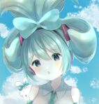  1girl blue_eyes blue_hair blush bow cinnamiku cinnamoroll collared_shirt day detached_sleeves ear_bow hair_bow hatsune_miku head_tilt highres looking_to_the_side open_mouth sanrio shirt sky sleeveless sleeveless_shirt solo suiren_nei updo upper_body vocaloid 