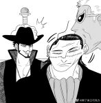  3boys :/ beard black_hair blonde_hair cartoonized crocodile_(one_piece) donquixote_doflamingo dracule_mihawk facial_hair from_side greyscale hair_slicked_back jitome looking_at_another male_focus mature_male mg_cls monochrome motion_lines multiple_boys mustache notice_lines one_piece scar scar_on_face scar_on_nose short_hair stitches sucking_face sunglasses toon_(style) upper_body wrinkled_skin yaoi 