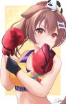  1girl animal_ears blush bone_hair_ornament boxing boxing_gloves brown_eyes brown_hair commentary dog dog_ears dog_girl english_commentary hair_ornament highres hololive inugami_korone mouth_hold orange_background shiinochi solo sports_bra virtual_youtuber 