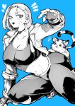  1girl absurdres animal blue_background blue_eyes breasts cammy_white cat choker cleavage collarbone fingernails greyscale greyscale_with_colored_background heart highres jacket kneeling large_breasts midriff monochrome navel open_clothes open_jacket open_mouth pants scar scar_on_cheek scar_on_face short_hair solo sports_bra street_fighter street_fighter_6 yotsumi_shiro 