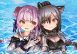  2girls absurdres animal_ears arknights bare_shoulders black_hair black_scarf black_shirt black_sports_bra brown_eyes buchi0122 cat_ears caustics ceylon_(arknights) closed_mouth commentary_request crop_top gloves hair_between_eyes hair_bun hair_over_one_eye hand_on_own_chest highres light_blush light_smile long_bangs long_hair long_sleeves looking_at_another looking_to_the_side multiple_girls off-shoulder_shirt off_shoulder parted_lips pink_hair scarf schwarz_(arknights) shirt split_mouth sports_bra upper_body water wet wet_clothes wet_hair white_gloves white_sleeves 