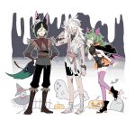  1girl 2boys alternate_costume animal_ears barefoot black_hair collei_(genshin_impact) cyno_(genshin_impact) dark_skin erhuo full_body genshin_impact ghost green_eyes green_hair grey_hair halloween halloween_costume long_hair multicolored_hair multiple_boys pumpkin purple_eyes red_hair short_hair tail tighnari_(genshin_impact) torn_clothes |_| 