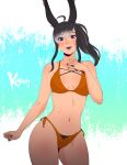  ahoge animal_ears artist_name bikini black_hair breasts commission cowboy_shot final_fantasy final_fantasy_xiv heterochromia highres koyorin lips long_hair looking_at_viewer medium_breasts multicolored_hair navel ponytail purple_eyes rabbit_ears side-tie_bikini_bottom smile swimsuit two-tone_bikini two-tone_hair viera warrior_of_light_(ff14) white_hair 