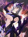  &gt;:) 1girl artoria_pendragon_(fate) artoria_pendragon_(lancer_alter)_(fate) black_bodysuit bodysuit breasts commission fate/grand_order fate_(series) gao_kawa grey_hair hair_between_eyes large_breasts looking_at_viewer navel pixiv_commission rhongomyniad_(fate) short_hair_with_long_locks sideboob sidelocks solo underboob v-shaped_eyebrows yellow_eyes 