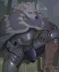  anthro armor balls_outline blaidd_(elden_ring) bulge canid canine canis cape clothed clothing detailed_bulge elden_ring foxfawl fromsoftware fur genital_outline genitals grey_body grey_fur hi_res humanoid_genitalia humanoid_penis male mammal penis penis_outline scar solo teeth wolf 