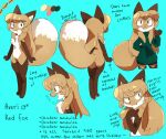  anthro averi_(fiddleafox) brown_body brown_fur canid canine clothing dipstick_tail english_text female female_anthro fiddleafox fox fur gloves_(marking) green_clothing green_eyes hair leg_markings looking_at_viewer mammal markings model_sheet socks_(marking) solo tail tail_markings text white_body white_fur 
