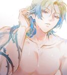  1boy arm_tattoo blonde_hair blue_eyes blue_hair blue_lock collarbone commentary_request gradient_hair long_hair male_focus michael_kaiser multicolored_hair nana7mich neck_tattoo simple_background solo sweat tattoo topless_male white_background 