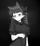  1girl animal_ears bow braid cat_ears closed_mouth extra_ears fang fang_out greyscale hair_bow highres kaenbyou_rin mizuga monochrome pointy_ears skin_fang smile solo touhou twin_braids 