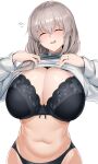  1girl absurdres black_bra black_panties blush bra breasts cleavage closed_eyes clothes_lift grey_hair hair_over_shoulder highres jewelry lace-trimmed_bra lace_trim large_breasts long_hair maruyaa_(malya1006) mature_female navel open_mouth panties ring shirt_lift solo sweater underwear uzaki-chan_wa_asobitai! uzaki_tsuki variant_set white_sweater 