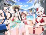  6+girls :o absurdres beach bikini bird black_survival blonde_hair blue_eyes blush breasts brown_hair cleavage closed_eyes cloud cloudy_sky emma_hardy eternal_return:_black_survival eyewear_on_head flower geah green_eyes grey_eyes grey_hair gweon_sua hair_flower hair_ornament hat haze_(black_survival) highres large_breasts long_hair medium_hair minami_rio multiple_girls nicky_blake official_alternate_costume open_mouth red_eyes red_hair seagull sideboob sky sun_glare sun_hat sunglasses swimsuit tran_quynh_mai water white_hair yellow_eyes 