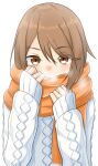  1girl adjusting_scarf aran_sweater blush breath brown_eyes brown_hair cable_knit close-up cold commentary covering_mouth embarrassed hair_between_eyes hand_to_own_face hands_up kinuhata_saiai kuronoya50 long_sleeves looking_at_viewer nose_blush orange_scarf portrait scarf scarf_over_mouth short_hair simple_background sleeves_past_wrists solo straight-on sweater toaru_kagaku_no_railgun toaru_majutsu_no_index upper_body white_background white_sweater winter_clothes 