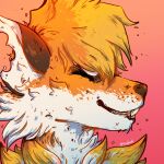  1:1 anthro blonde_hair bust_portrait eyes_closed fur hair hi_res lionfloof male notched_ear orange_body orange_fur orange_hair portrait short_hair signature simple_background smile solo white_body white_fur 