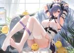  1girl absurdres arm_strap armpits arms_up august_von_parseval_(azur_lane) azur_lane bare_shoulders blue_hair blush breasts couch feet garter_straps hair_over_one_eye highres horns large_breasts long_hair looking_at_viewer manjuu_(azur_lane) mouth_hold one_eye_covered purple_eyes sitting soles tansuan_(ensj3875) thick_thighs thighhighs thighs very_long_hair white_garter_straps white_thighhighs 