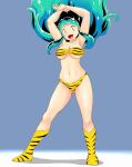  1girl :d animal_print armpits arms_up bikini blue_background boots breasts fangs full_body green_hair highres large_breasts long_hair looking_at_viewer lum navel print_bikini print_footwear smile solo stomach strapless strapless_bikini swimsuit tiger_print tof urusei_yatsura yellow_bikini yellow_eyes yellow_footwear yellow_horns 