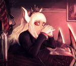  1girl bottle crown demon demon_girl demon_horns demon_tail gloves helltaker highres horns knilch looking_at_viewer looking_to_the_side lucifer_(helltaker) mole mole_under_eye office_lady red_eyes sitting tail throne white_gloves white_hair white_horns 