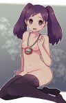  1girl blush breasts commentary_request highres kneeling lamb-oic029 long_hair looking_at_viewer mega_man_(series) mega_man_battle_network navel nude open_mouth purple_eyes purple_hair shuko_kido_(mega_man) small_breasts thighhighs twintails wallet 