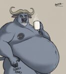 2023 anthro belly big_belly bovid bovine cape_buffalo chief_bogo coffee_mug disney fur half-closed_eyes half-length_portrait hand_on_hip hi_res holding_coffee_mug holding_object horn kaiipwilde_(artist) looking_at_viewer male mammal narrowed_eyes navel nipples nude obese obese_anthro obese_male overweight overweight_anthro overweight_male portrait signature solo steam zootopia 