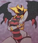  anthro big_breasts breasts featureless_crotch female front_view generation_4_pokemon giratina grey_body hi_res legendary_pokemon looking_at_viewer marshmallow-ears nintendo nipples nude pokemon pokemon_(species) red_eyes slightly_chubby smile solo spikes spikes_(anatomy) wing_spikes wings 