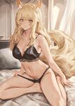  1girl animal_ear_fluff animal_ears arknights barefoot bed black_bra black_panties blonde_hair blonde_pubic_hair bra breasts cleavage collarbone curtains female_pubic_hair highres horse_ears horse_tail legs light_smile long_hair looking_at_viewer medium_breasts nashidrop navel nearl_(arknights) on_bed orange_eyes panties pillow pubic_hair sitting smile solo tail underwear underwear_only 